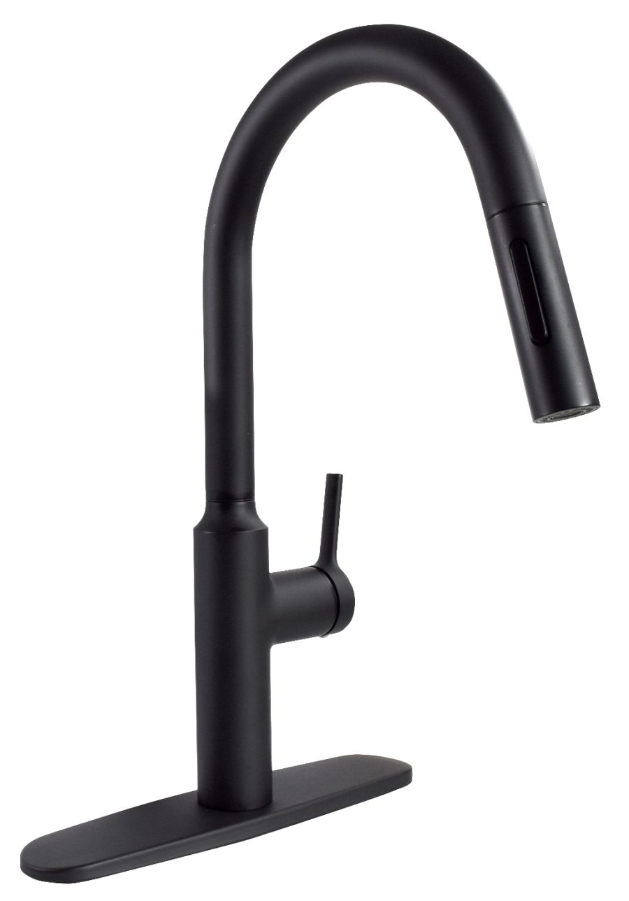 VALTERRA PF231765 PREMIUM SLIMLINE FAUCET BLACK, Used For Kitchen; 8 Inch Deck Mount; Slimline Hi-Arc Spout With Pull Down Sprayer; Single Lever Handle; Matte Black; 1 Hole/ 3 Hole Application; Ceramic Disc Valve; With Mounting Hardware