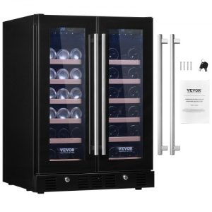 VEVOR 24" Wine and Beverage Refrigerator, 78 Cans and 20 Bottles Dual Zone Tempered Glass Door, Digital Temper Control, Blue LED Light, Child Lock, Built-in or Freestanding, ETL