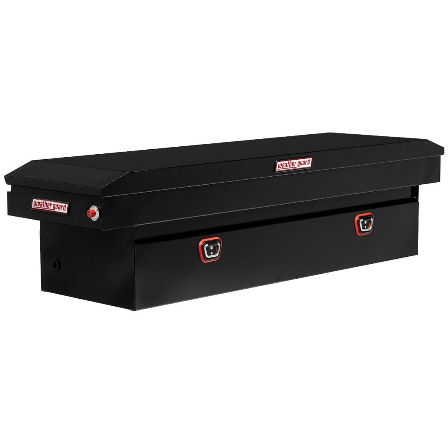 WEATHER GUARD 126-5-04 SADDLE BOX, Crossover; Single Lid; Powder Coated; Gloss Black; Steel; 20 Inch Length x 72 Inch Width x 18 Inch Height; 11 Cubic Feet Capacity