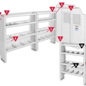 WEATHER GUARD 600-8440S PROMASTER 118WB COM SHELV, Commercial Shelving Package; Includes Screen Bulkhead/ Swing Door Conversion Kit/ Three 42 Inch X 13-1/2 Inch Adjustable 4 Shelf Set/ Three Lightweight Shelf Back Panels/ Three Hook Cord Tool Holder