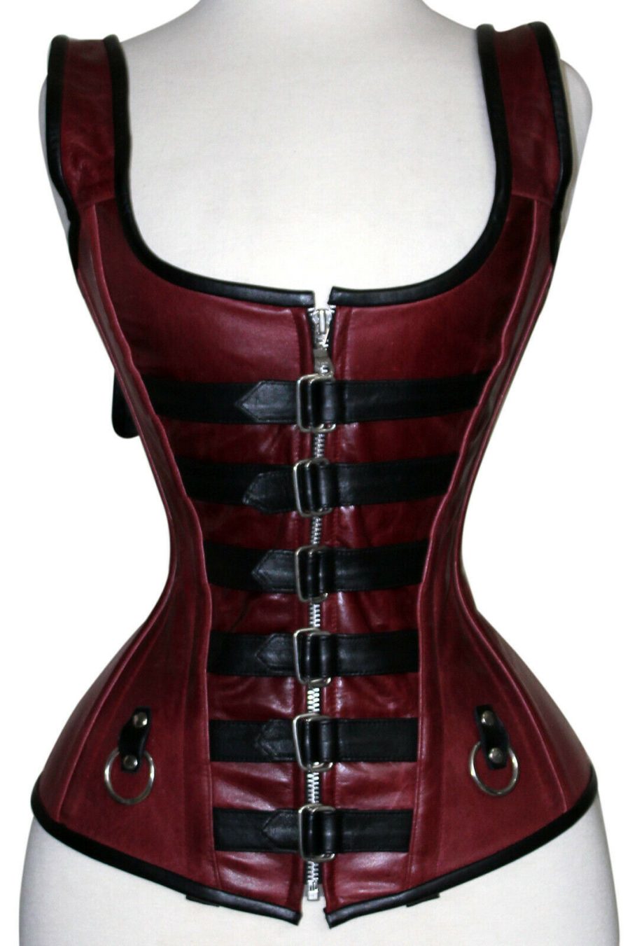 WOMEN STEEL BONED REAL LEATHER OVERBUST CORSET LACE UP BUSTIER TOP SHAPER