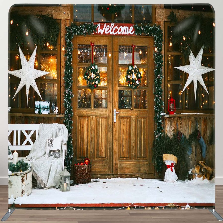 Welcome Wooden Door Snowy Christmas Pillow Case Backdrop - Aperturee