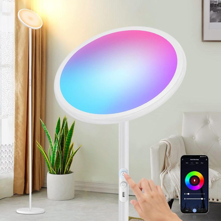 White Floor Lamp,Rgb Floor Lamps Work With Alexa Google Home,Wifi Modern Tall St