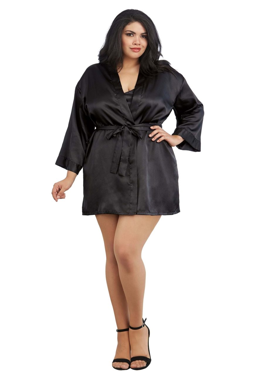 Women's Plus Size Black Charmeuse Chemise and Robe