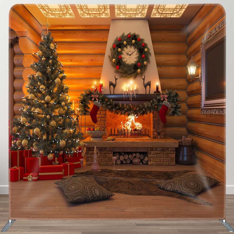 Wooden House Fireplace Tension Fabric Christmas Backdrop - Aperturee