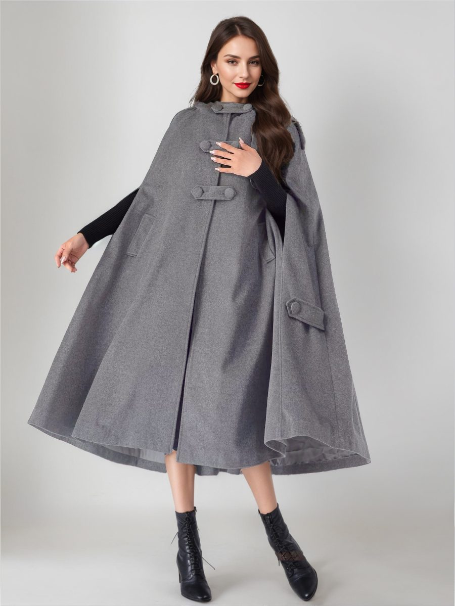 Wool Blend Cape Coat For Women Hooded Gray Oversized Long Poncho Outerwear 2024