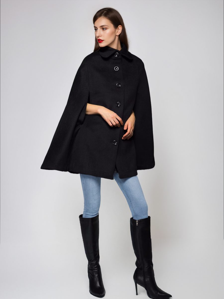 Wool Blend Cape Coat Turndown Collar Black Poncho Oversized Outerwear For Women 2024