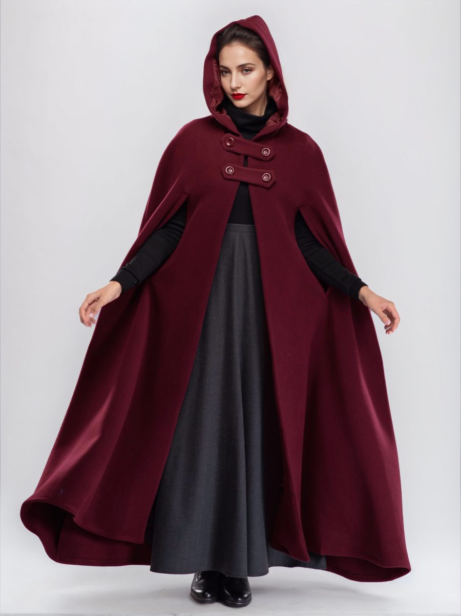 Wool Blend Maxi Cape Coat With Hooded Burgundy Full Length Poncho Oversized Outerwear For Women 2024