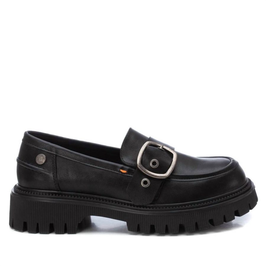 Xti women's decorative strap moccasins in BLACK