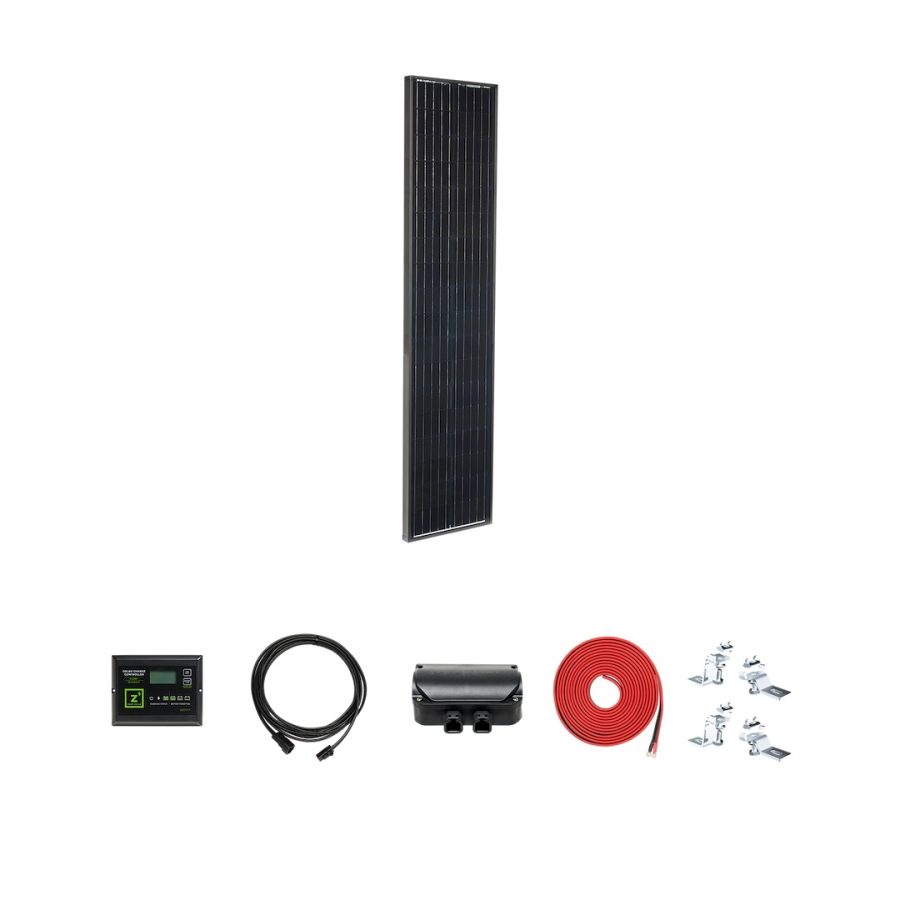 ZAMP SOLAR KIT1021 95-WATT LONG SOLAR KIT, 95 Watt; Monocrystalline; Black Frame And Cells; 58.3 Inch Length x 13.6 Inch Width x 1.5 Inch Depth; Bracket Mount; 40 Amp 5-Stage PWM Charge Controller