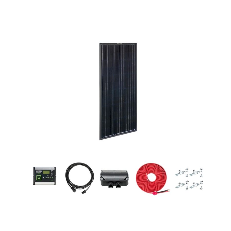 ZAMP SOLAR KIT1033 OBSIDIAN SERIES 100 WATT DELUXE KI, Hardwired Solar Kit; 100 Watt/ 5.01 Amp Charging Current; Black Frame And Cells; 43.6 Inch Length x 20.7 Inch Width x 0.67 Inch Depth; Bracket Mount; 40 Amp PWM Charge Controller