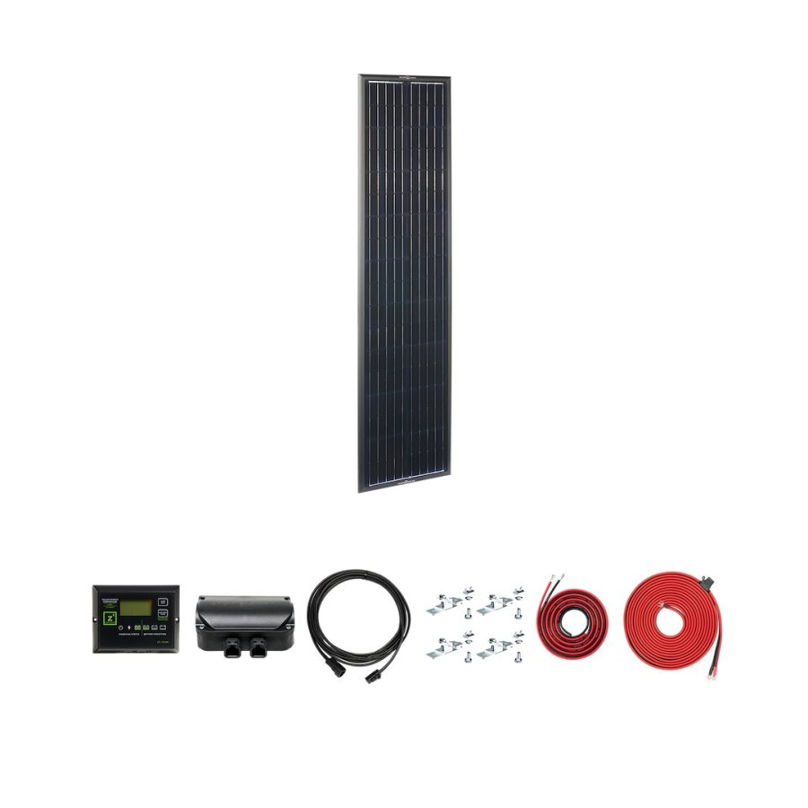 ZAMP SOLAR KIT1034 OBSIDIAN SERIES 90 WATT DELUXE KIT, Hardwired Solar Kit; 90 Watt; Black Frame And Cells; 59.1 Inch Length x 14.3 Inch Width x 0.67 Inch Depth; Bracket Mount; 40 Amp PWM Charge Controller