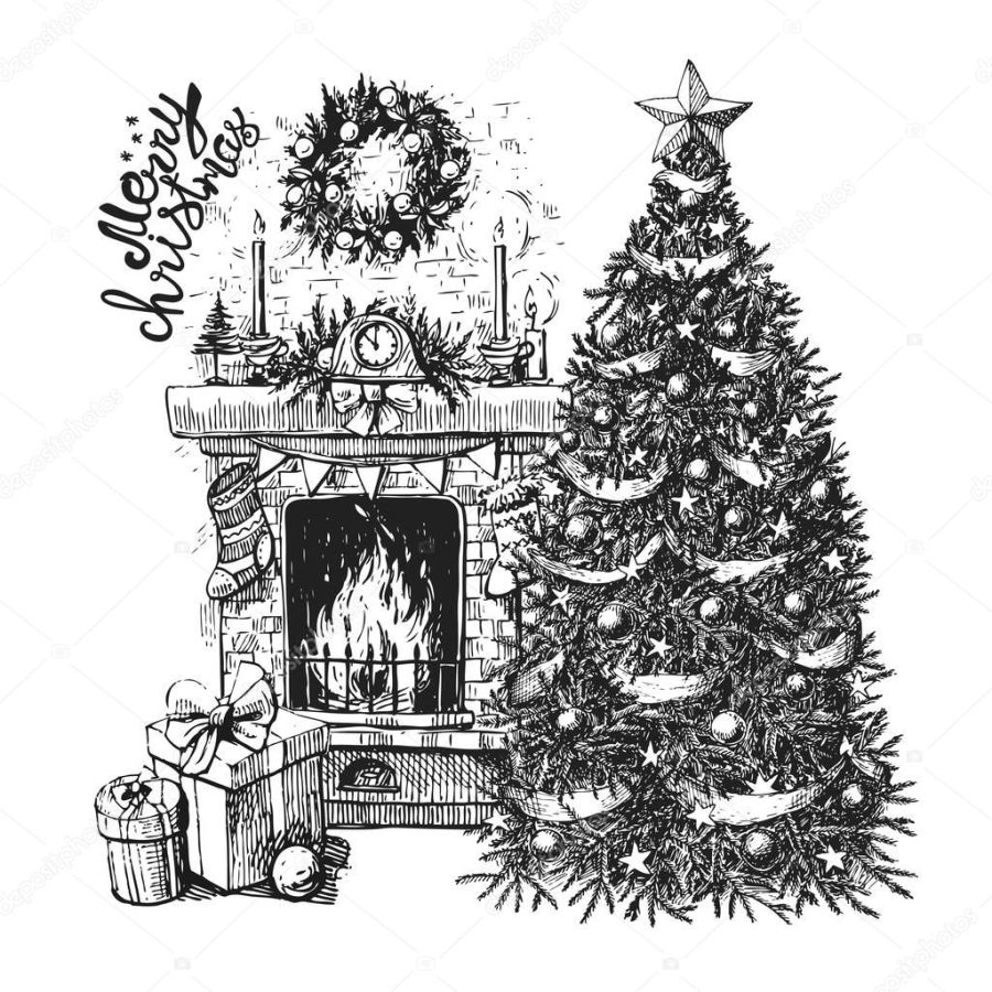 christmas tree and fireplace