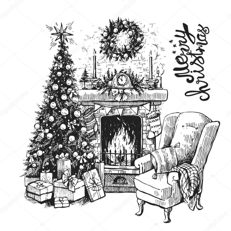 christmas tree and fireplace