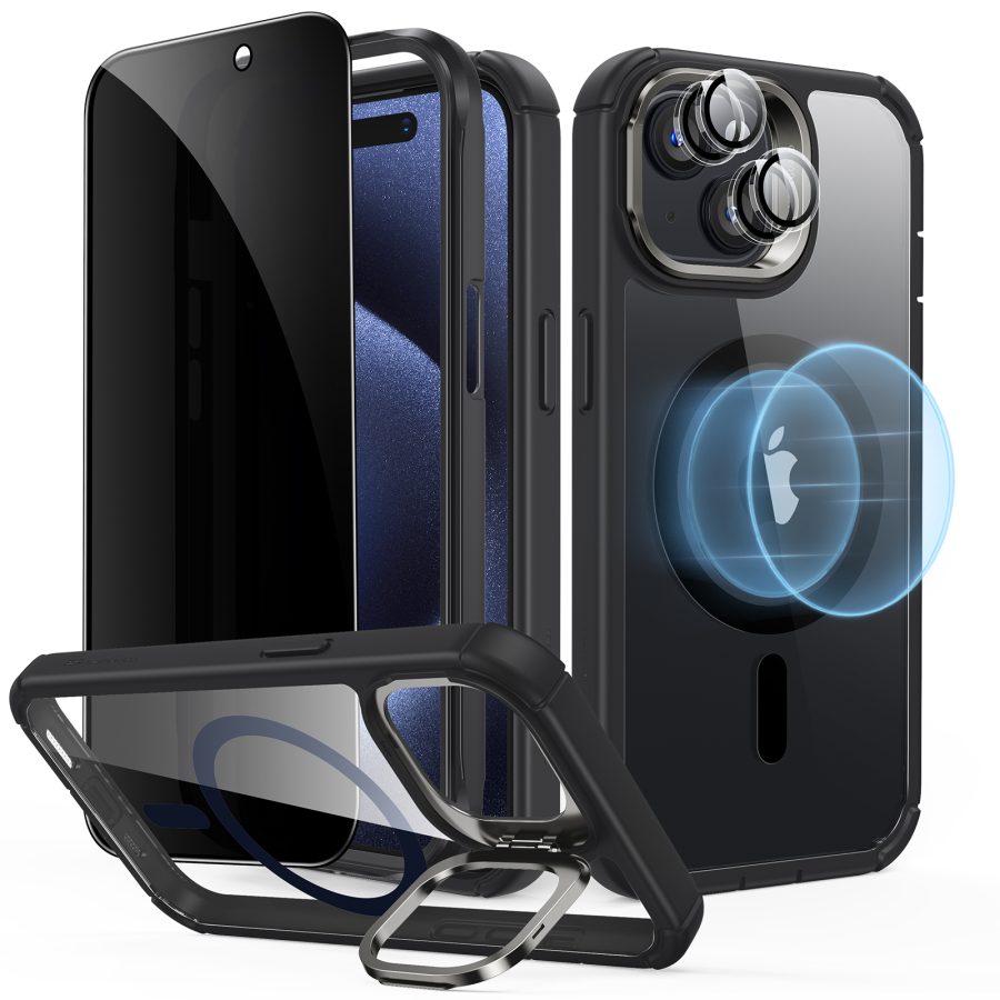 iPhone 15 Armor Tough Case with Stash Stand Privacy Bundle Clear Black