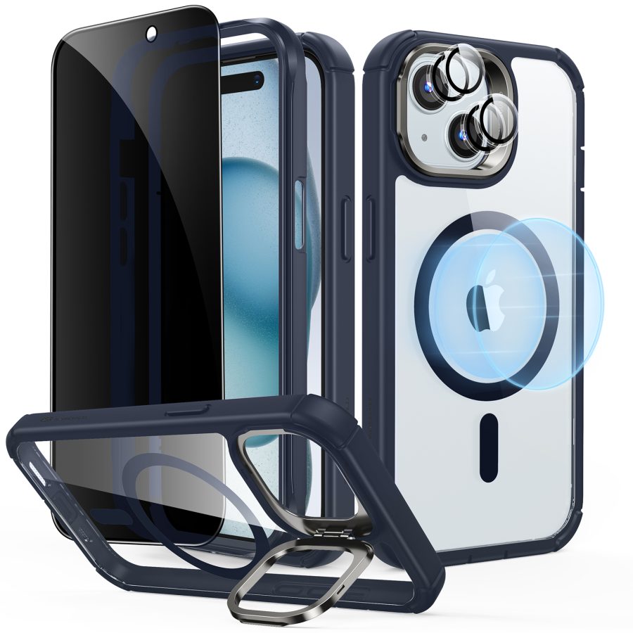 iPhone 15 Armor Tough Case with Stash Stand Privacy Bundle Clear Dark Blue