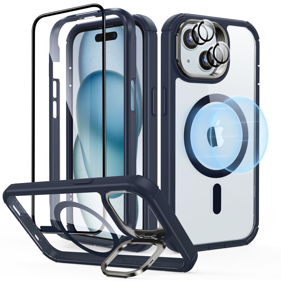 iPhone 15 Armor Tough Case with Stash Stand Protection Bundle Clear Dark Blue