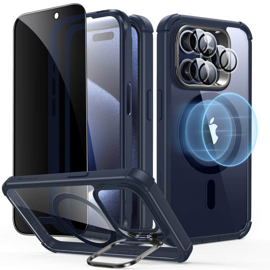 iPhone 15 Pro Armor Tough Case with Stash Stand Privacy Bundle Clear Dark Blue