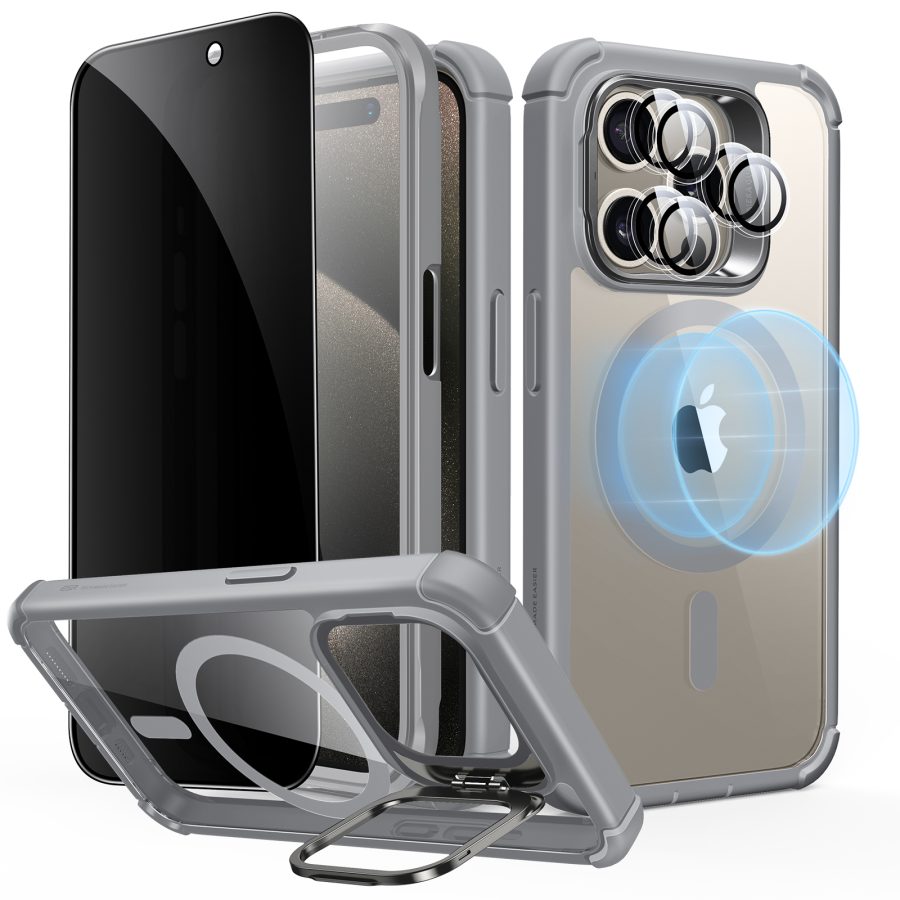 iPhone 15 Pro Armor Tough Case with Stash Stand Privacy Bundle Clear Grey