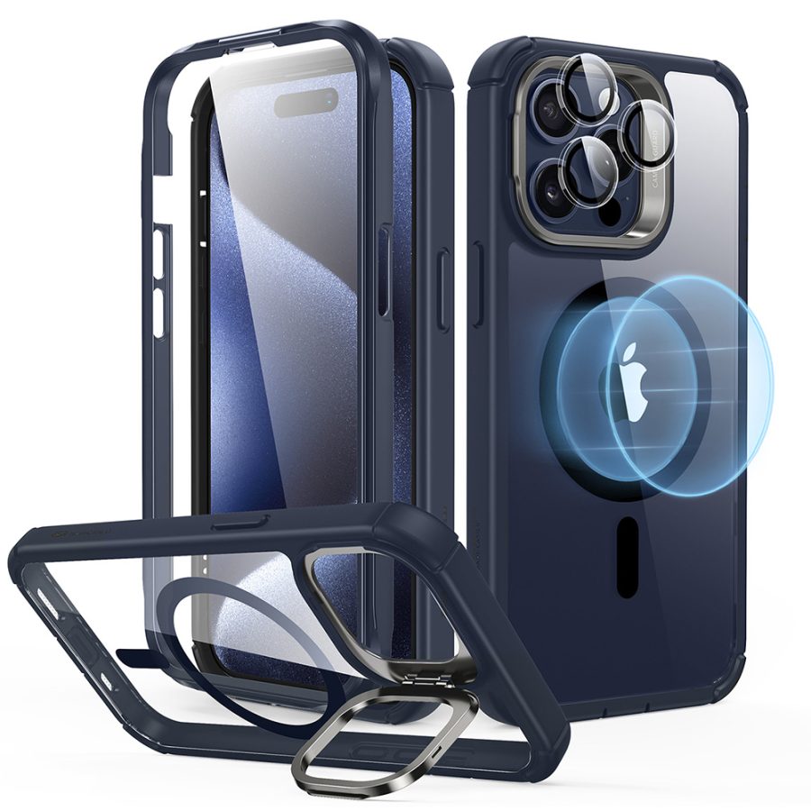 iPhone 15 Pro Max Armor Tough Case with Stash Stand (HaloLock) Clear Dark Blue