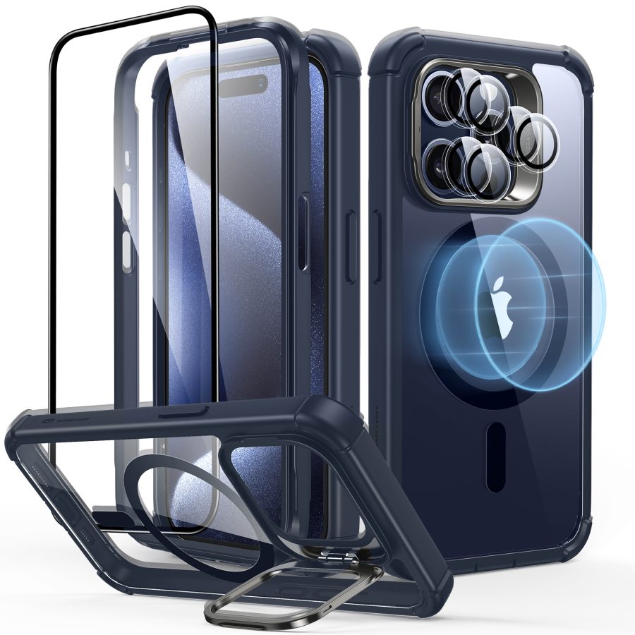 iPhone 15 Pro Max Armor Tough Case with Stash Stand Protection Bundle Clear Dark Blue