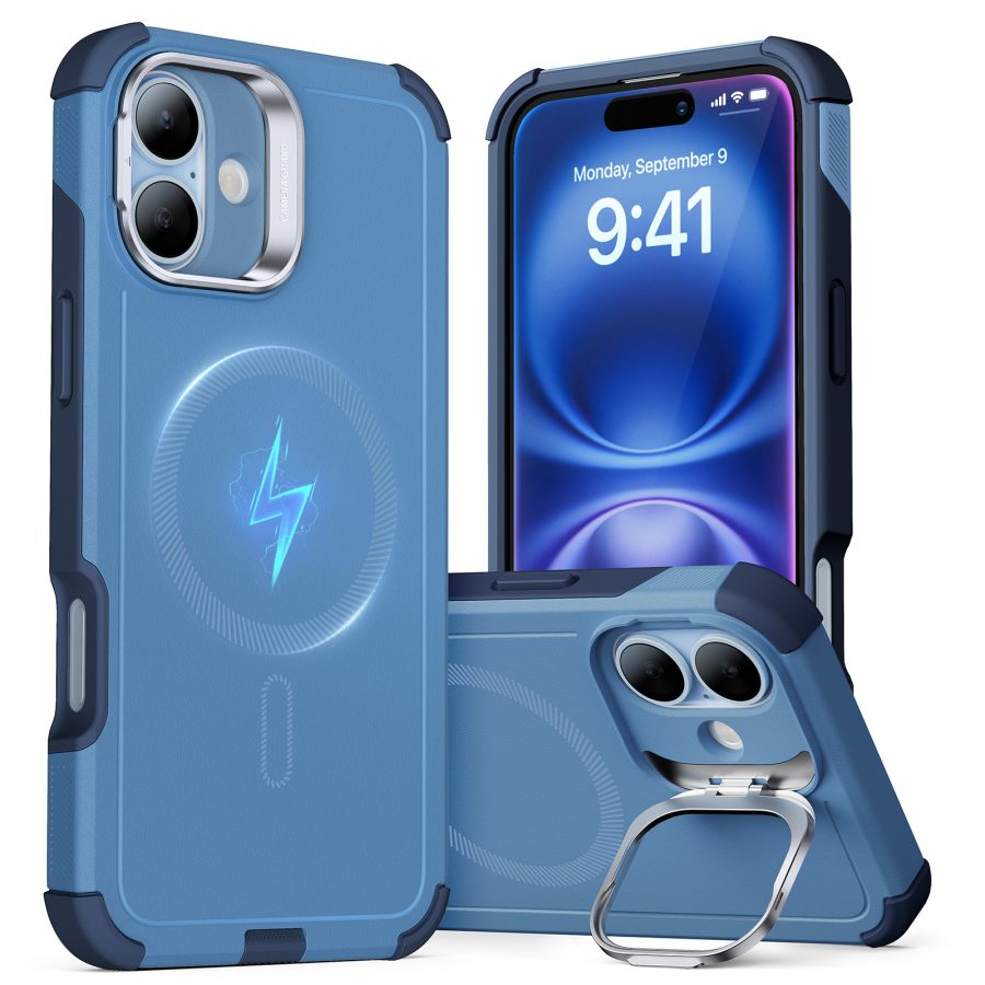 iPhone 16 Plus Cyber Tough Case with Stash Stand (HaloLock) Light Blue