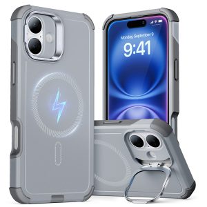 iPhone 16 Plus Cyber Tough Case with Stash Stand (HaloLock) Light Grey