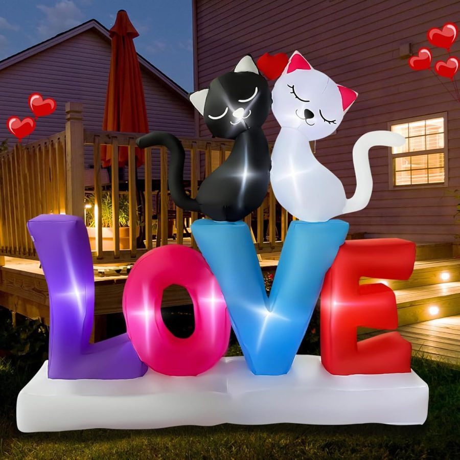 6 Ft Valentine Inflatable Love Letters With Couple Cats Led Lighted Decoration F