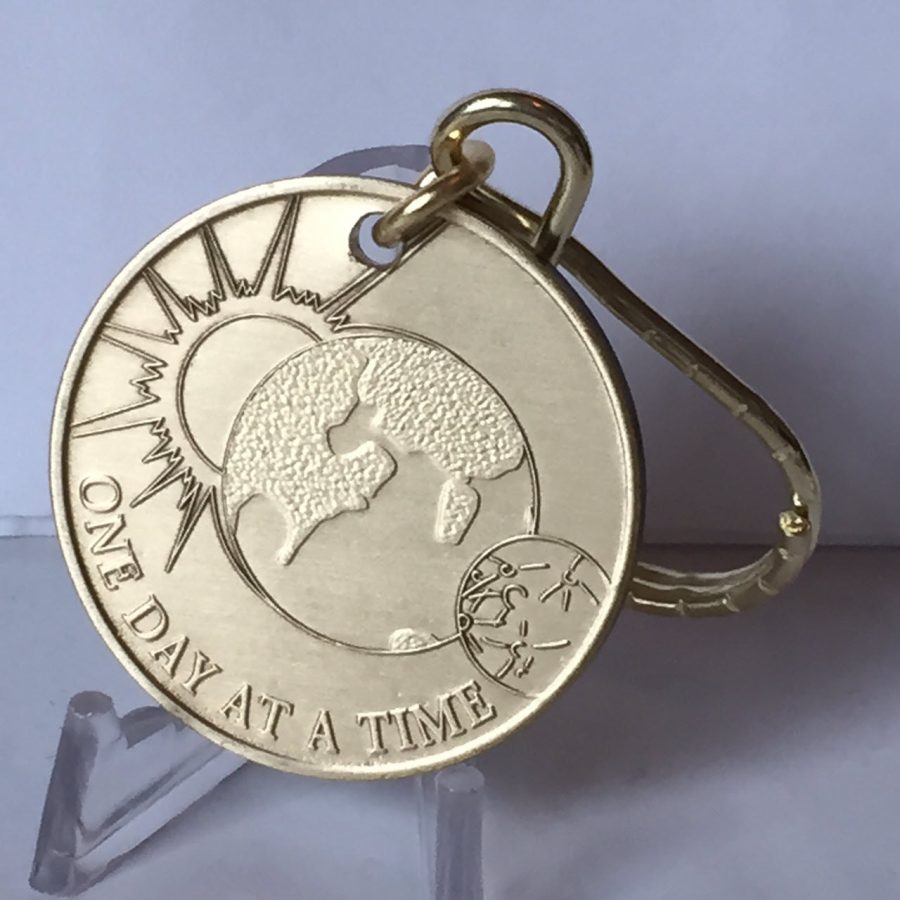 AA Alcoholics Anonymous One Day At A Time Moon Earth Sun Chip Key Chain Tag