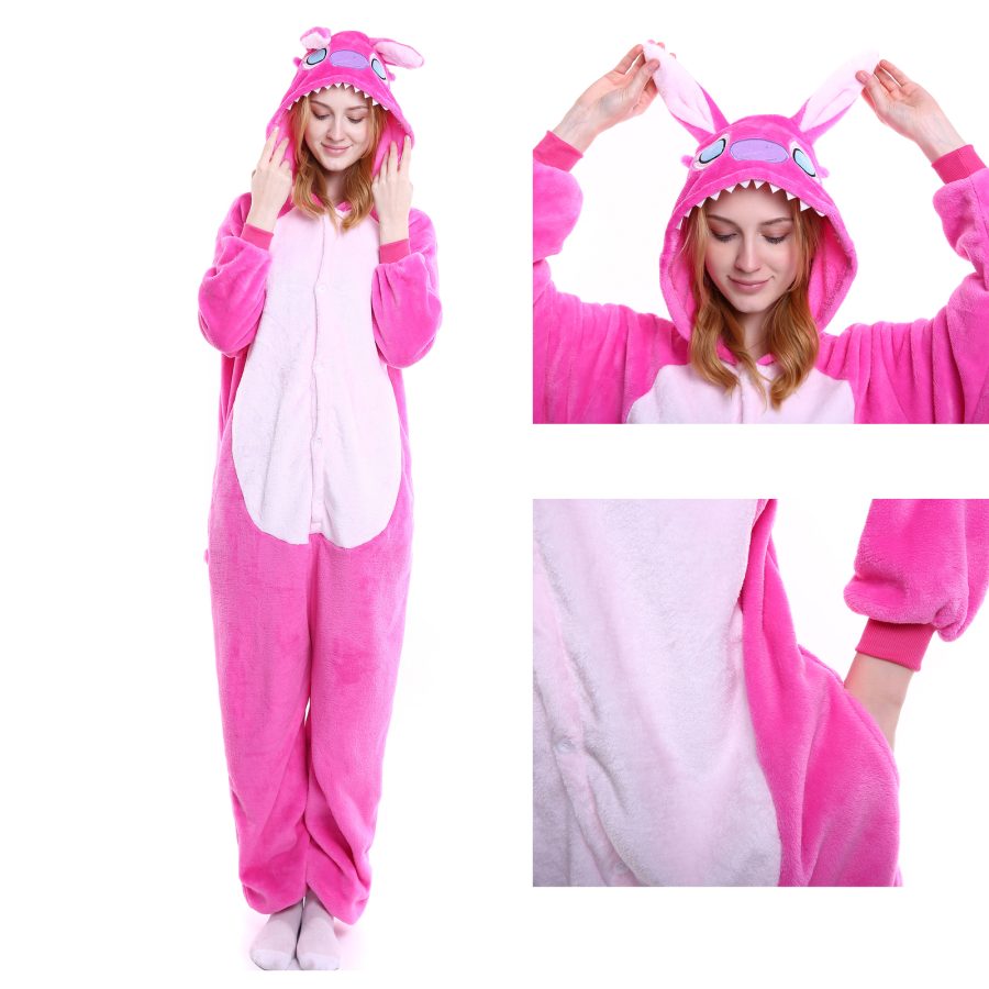 Adult Kigurumi Animal Onesies Jumpsuit Costume Pajamas Sleepwear Pink Stitch