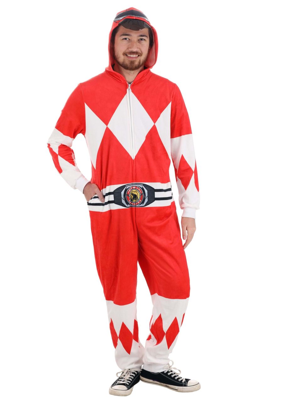 Adult Power Rangers Red Ranger Hooded Union Suit Costume