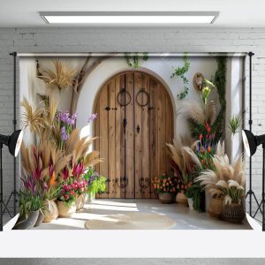 Aperturee Arch Wooden Door Boho Hay Floral Photo Backdrop