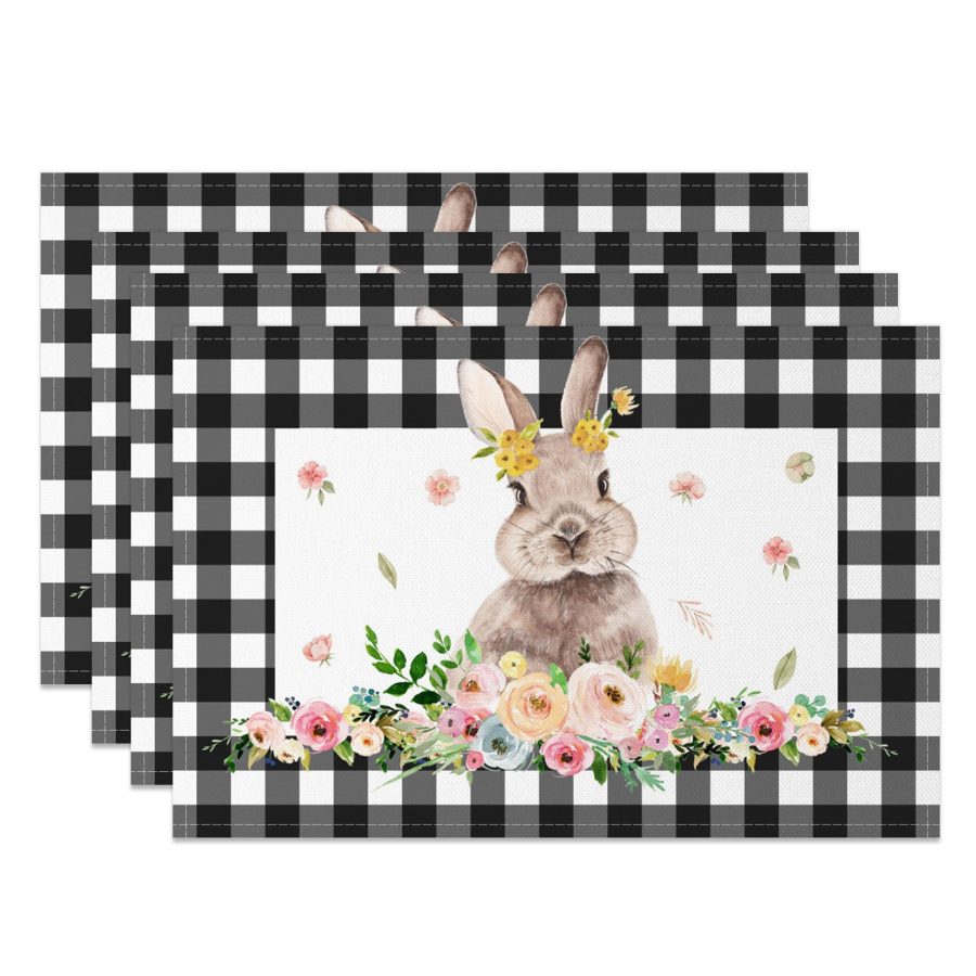 Aperturee Black Plaid Bunny Floral Easter Set Of 4 Placemats, 14x12 Inch, 15.8 USD, NYJY00403-S, placemats