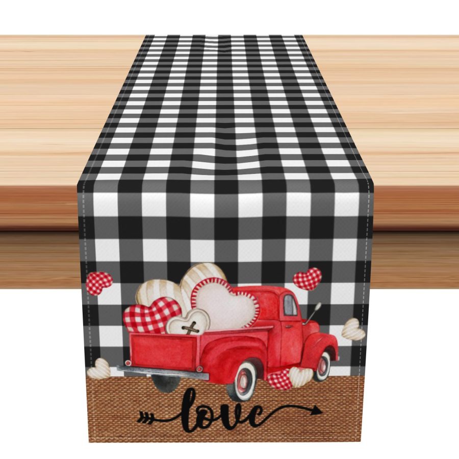 Aperturee Black Plaid Red Truck Valentines Day Table Runner | Custom Printed Table Runner | Personalized Table Runners | Printed Table Runner