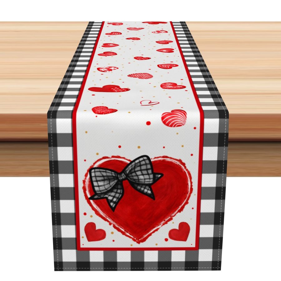 Aperturee Black Red Plaid Hearts Valentines Day Table Runner | Custom Printed Table Runner | Custom Table Runner | Personalized Table Runners