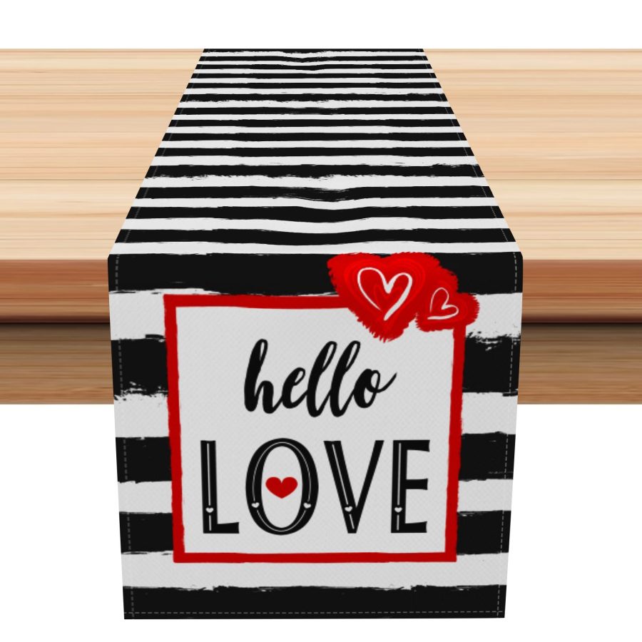 Aperturee Black Stripe Hello Love Valentines Day Table Runner | Seasonal Printed Table Runner | Patterned Table Runner | Table Runner For Dining Table