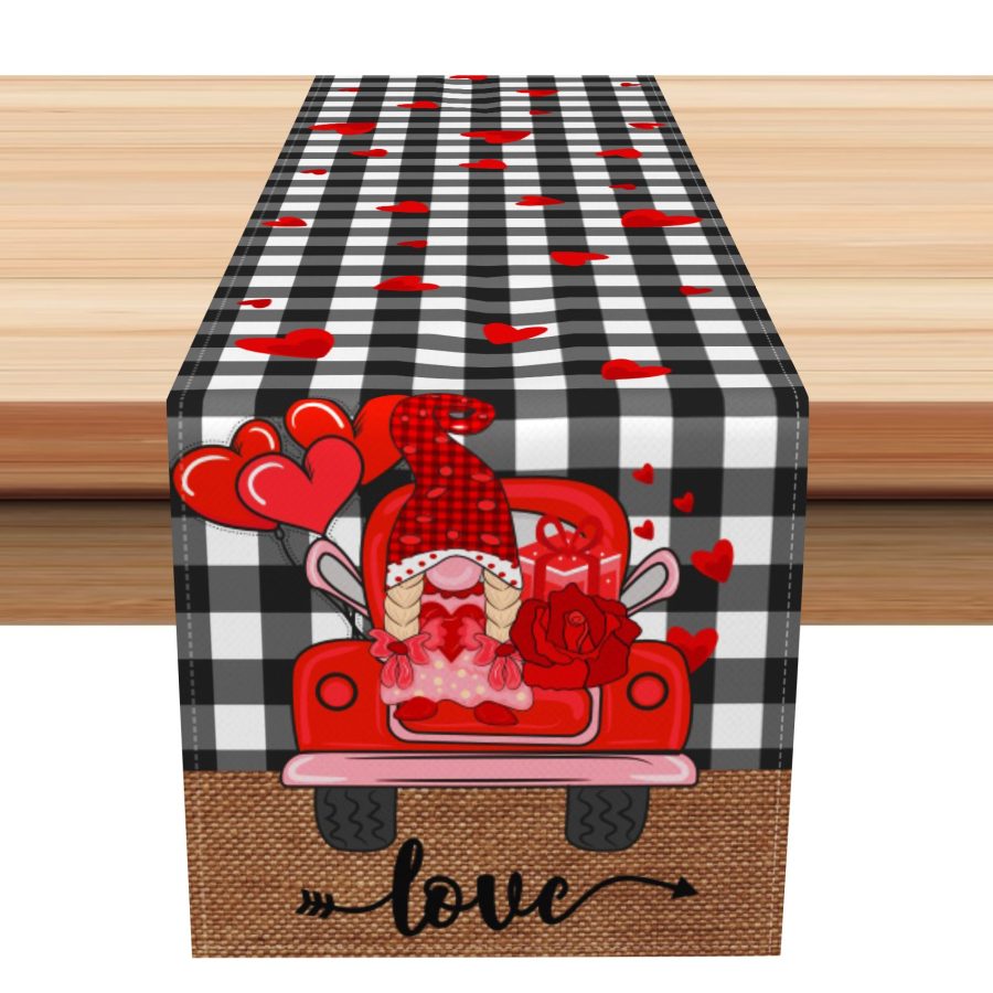 Aperturee Black White Plaid Truck Valentines Day Table Runner | Patterned Table Runner | Personalized Table Runners | Seasonal Printed Table Runner