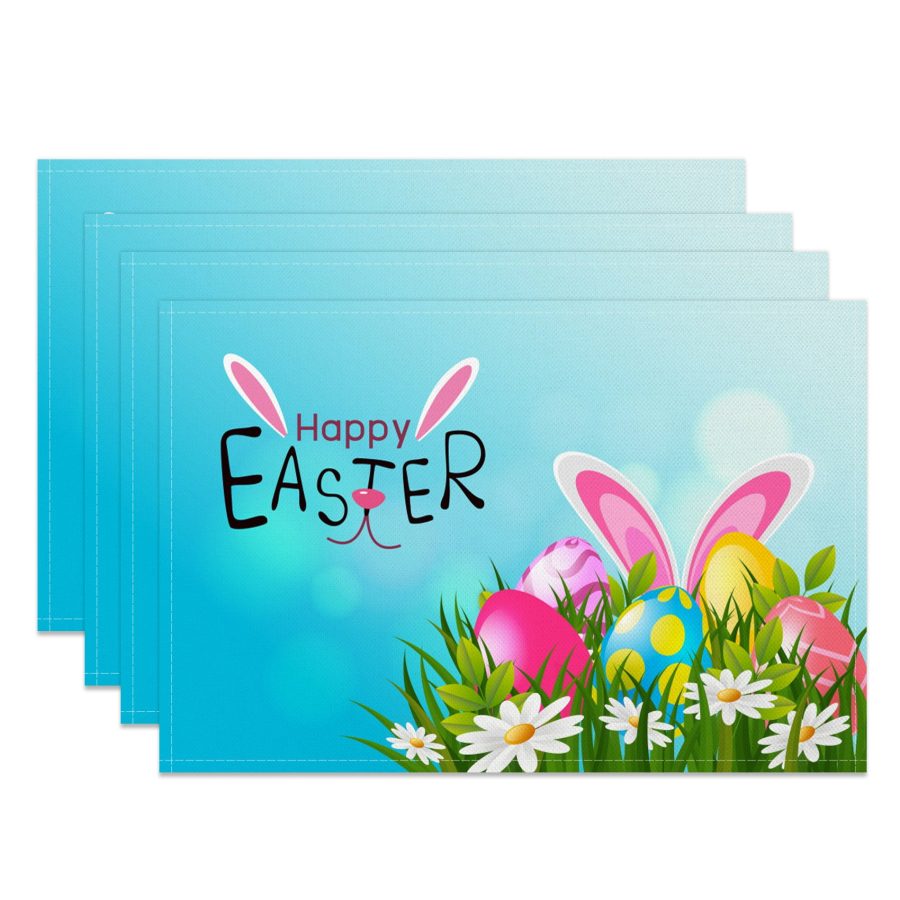 Aperturee Blue Bokeh Floral Bunny Easter Set Of 4 Placemats, 14x12 Inch, 15.8 USD, NYJY00434-S, placemats