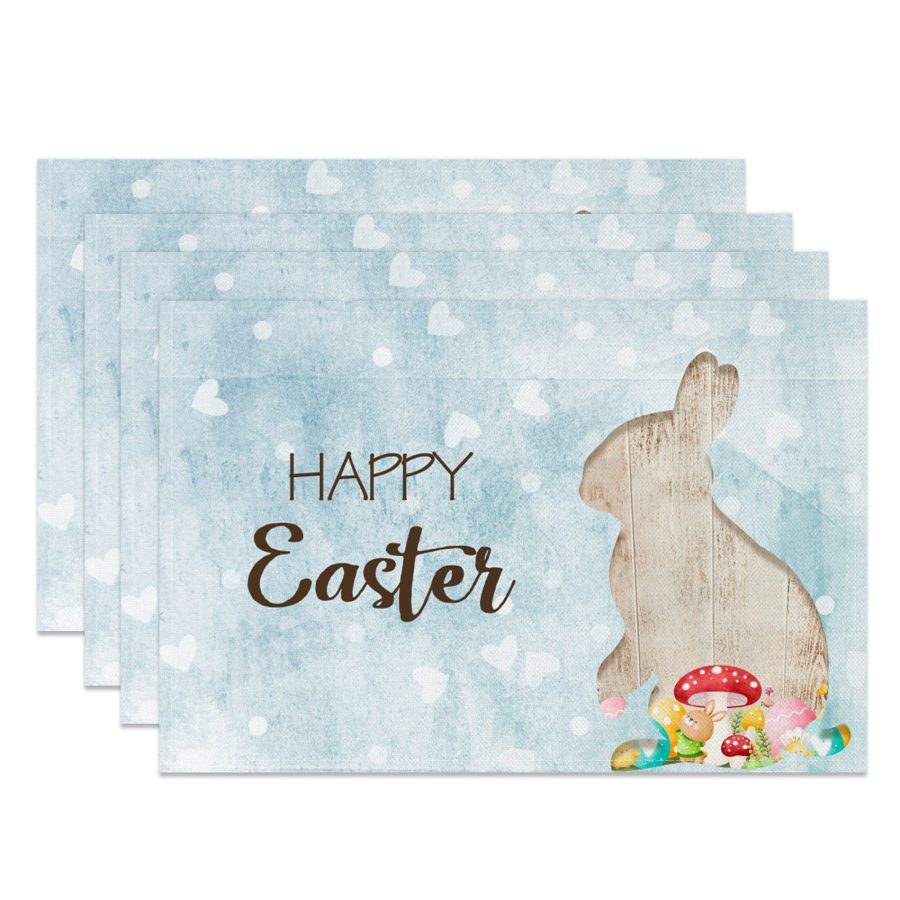 Aperturee Blue Love Bunny Pattern Easter Set Of 4 Placemats, 14x12 Inch, 15.8 USD, NYJY00414-S, placemats