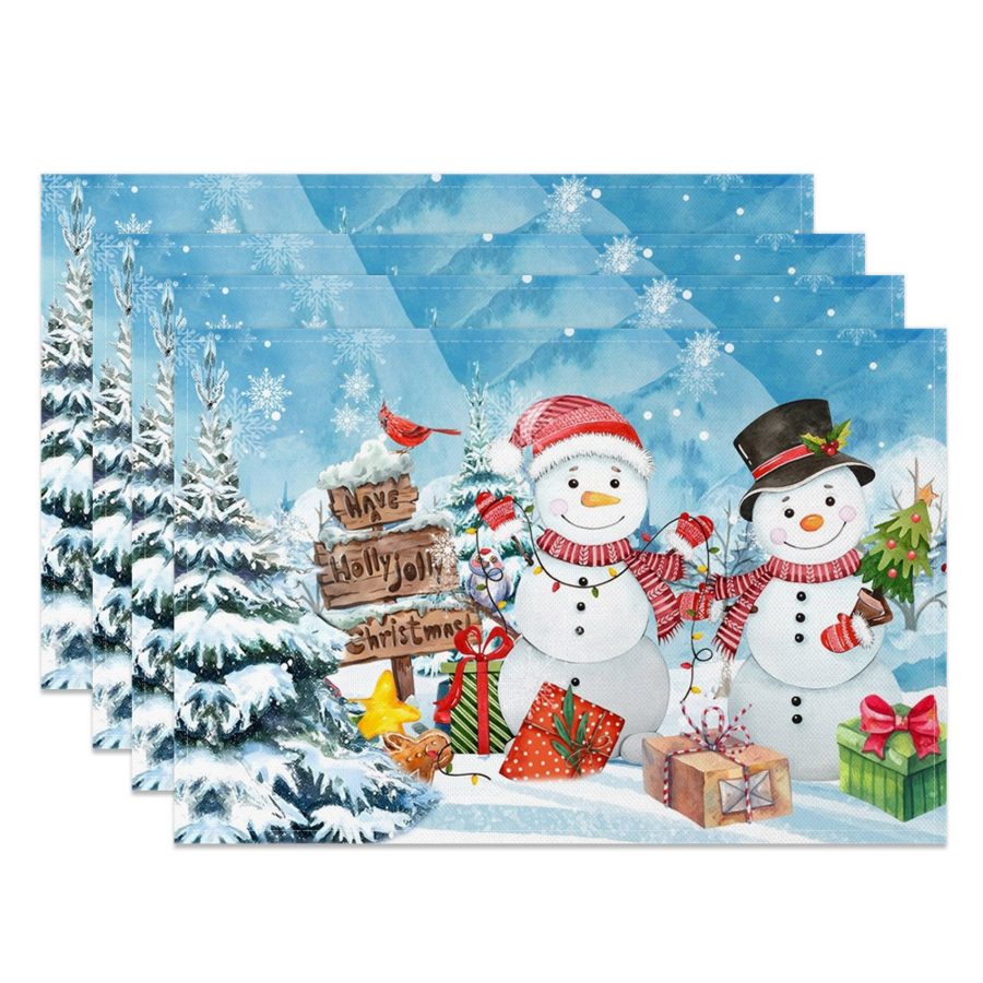 Aperturee Blue Snowy Tree Snowman Christmas Set Of 4 Placemats, 14x12 Inch, 15.8 USD, NYWH00396-S, placemats