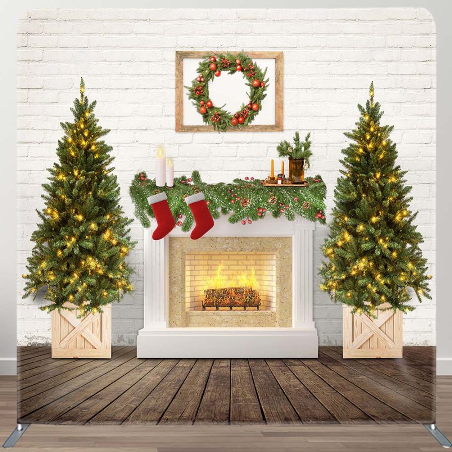 Aperturee Brick Wall Fireplace Tree Christmas Square Backdrop | Xmas Backdrop | Christmas Backdrops For Photography | Christmas Background Photography