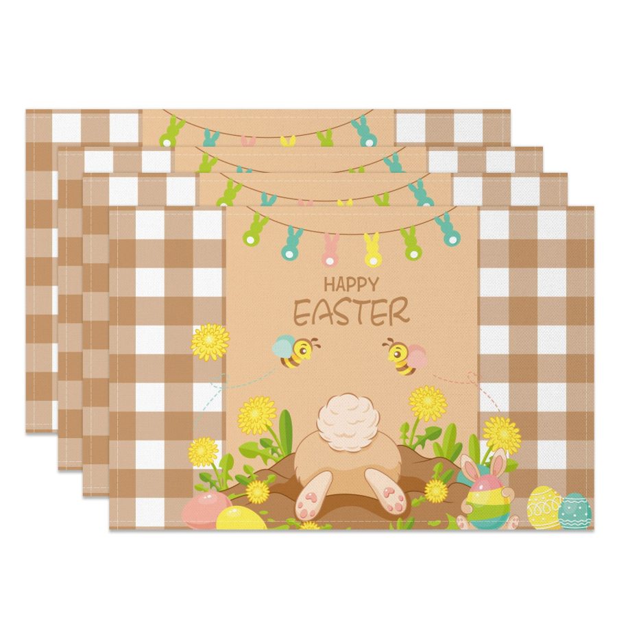 Aperturee Brown Plaid Bunny Spring Easter Set Of 4 Placemats, 14x12 Inch, 15.8 USD, NYJY00431-S, placemats