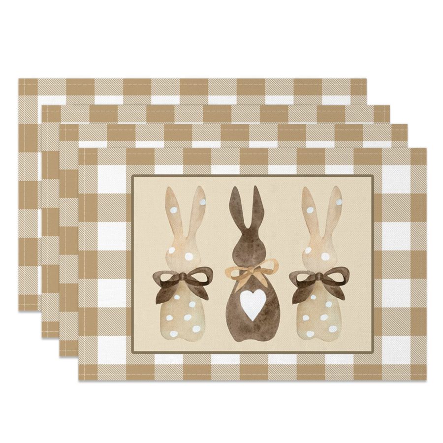 Aperturee Brown Plaid Courtly Bunny Easter Set Of 4 Placemats, 14x12 Inch, 15.8 USD, NYLX00521-S, placemats