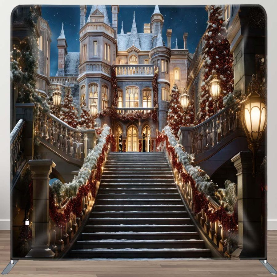 Aperturee Castle Christmas Stairway Square Tension Backdrop | Diy Christmas Backdrop | Christmas Backdrops For Photography | Christmas Photo Backdrop