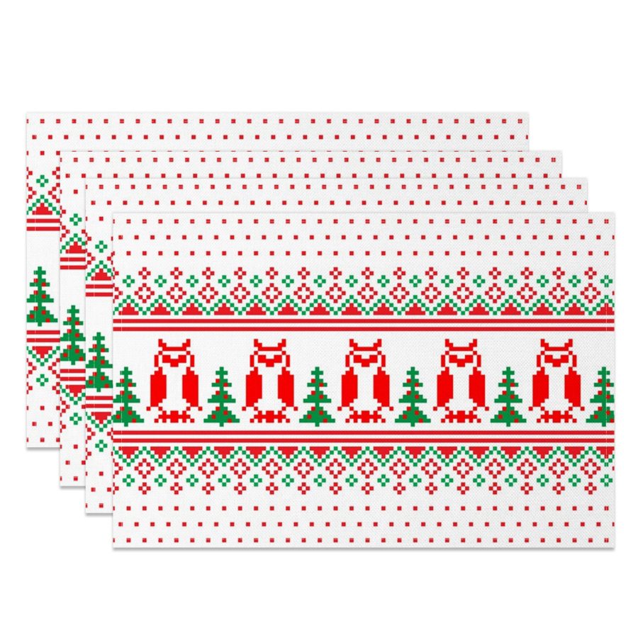 Aperturee Christmas Owl Tree Pixel Pattern Set Of 4 Placemats, 14x12 Inch, 15.8 USD, NYWH00414-S, placemats