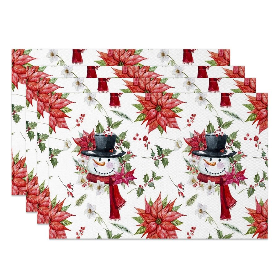 Aperturee Christmas Poinsettia Snowman Set Of 4 Placemats, 14x12 Inch, 15.8 USD, NYWH00376-S, placemats