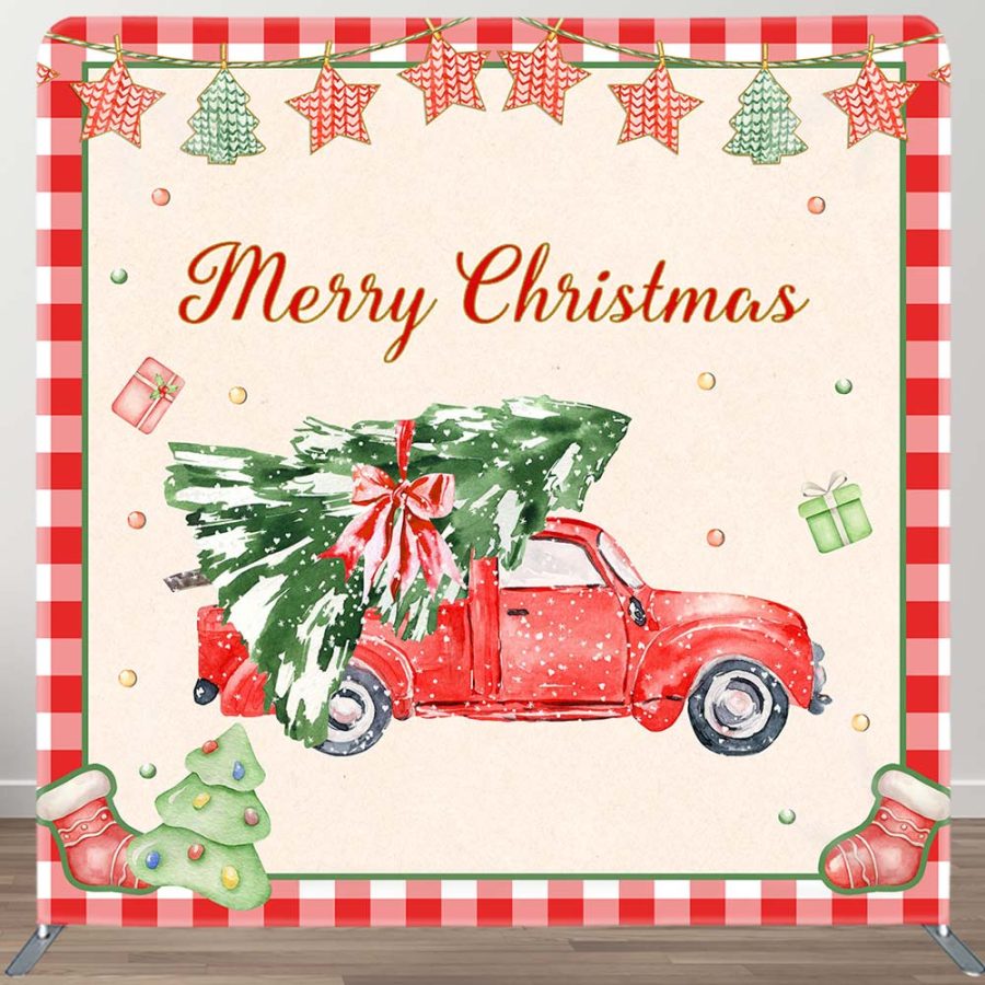 Aperturee Christmas Tree Red Truck Plaid Pillow Case Backdrop | Christmas Photo Backdrop | Christmas Backdrops For Photography | Xmas Backdrop