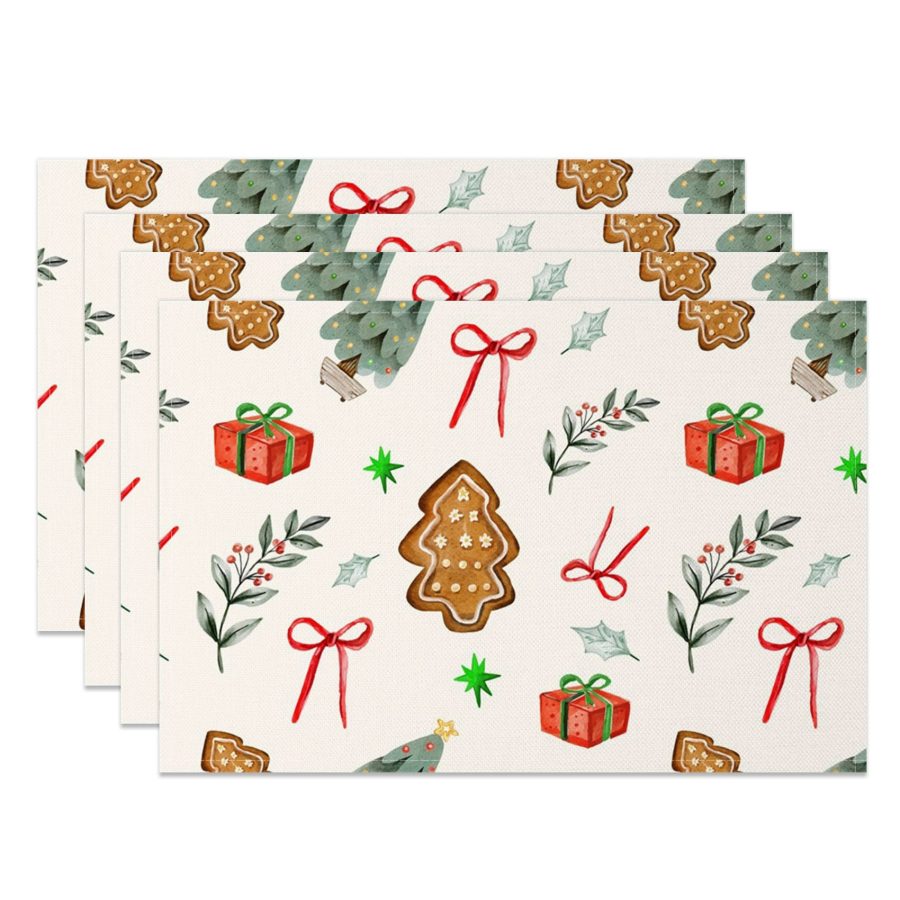 Aperturee Christmas Vibe Bow Tie Gift Tree Set Of 4 Placemats, 14x12 Inch, 15.8 USD, NYWH00407-S, placemats