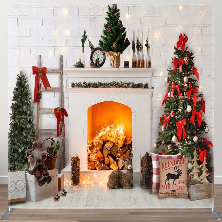 Aperturee Christmas White Fireplace Fabric Photo Booth Backdrop | Christmas Photoshoot Backgrounds | Christmas Backgrounds Fireplace | Christmas Scenic Backgrounds