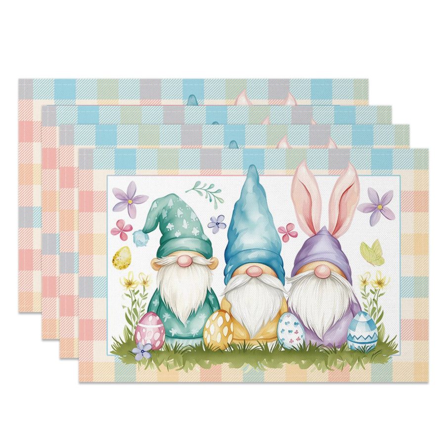 Aperturee Colorful Bunny Gnome Plaid Easter Set Of 4 Placemats, 14x12 Inch, 15.8 USD, NYLX00528-S, placemats